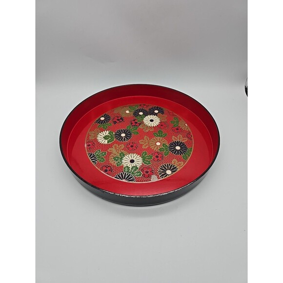 Vintage Round Red Lacquer Plastic Serving Tray Boho Flowers - Picture 3 of 11